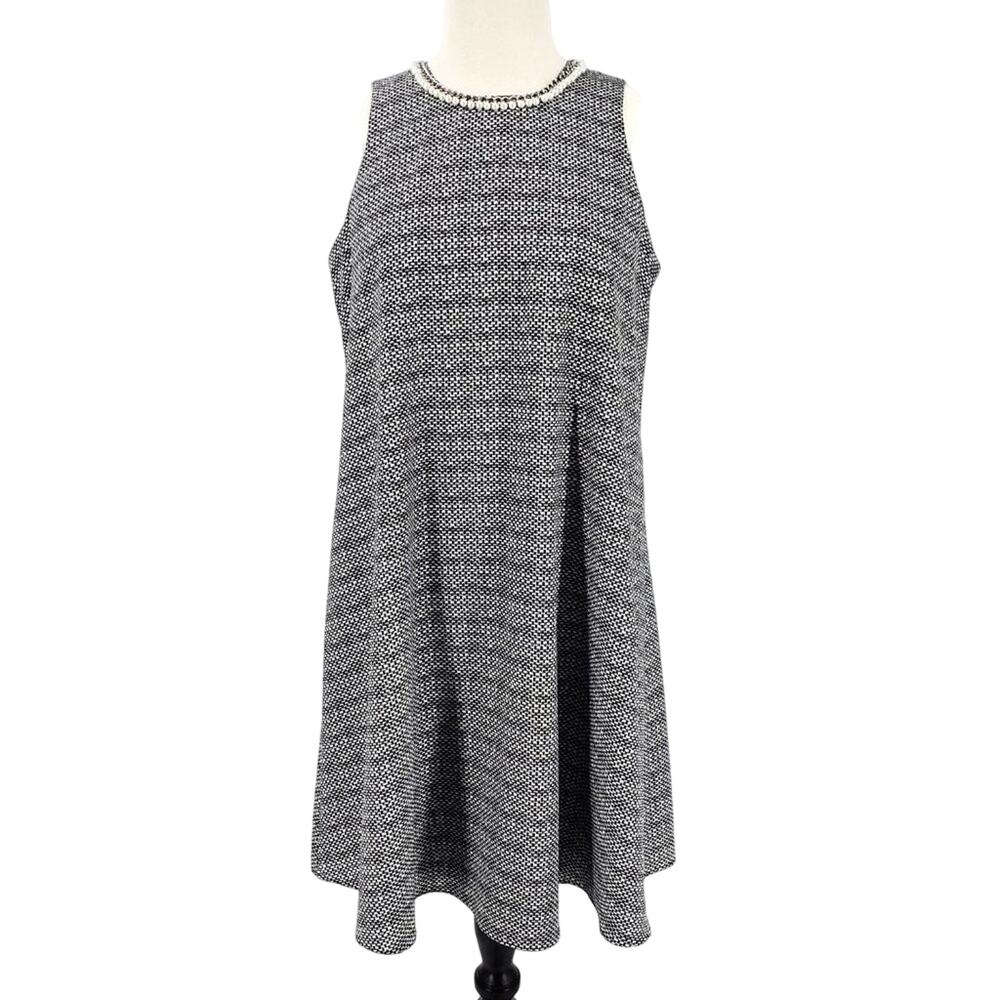 Karl Lagerfeld Paris Faux Pearl Trim Swing Dress Black White Wool Look Size 6